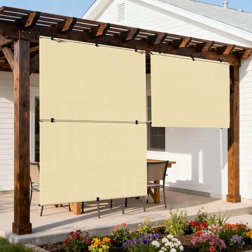 Outdoor Roller Shade 7'W x 5'H Cordless Shades Roll Up, Folding Exterior Patio by Coonoble