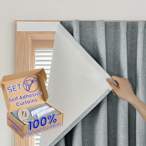 100% Blackout Curtains for Bedroom Stick On Curtain Window Shades Pull Down by Sovtfides