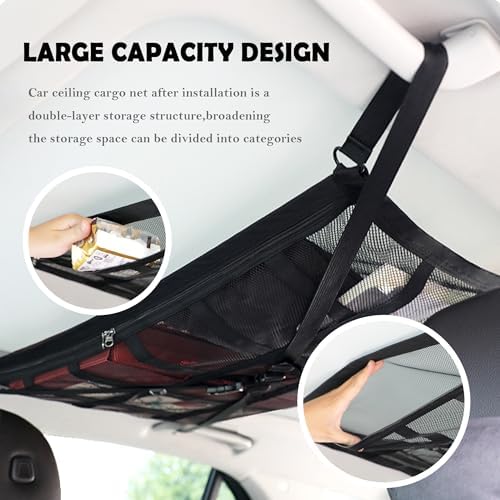 Car Ceiling Cargo Net with 2*Headrest Hook, Large Capacity Anti-Fall Cargo Net - Image 4