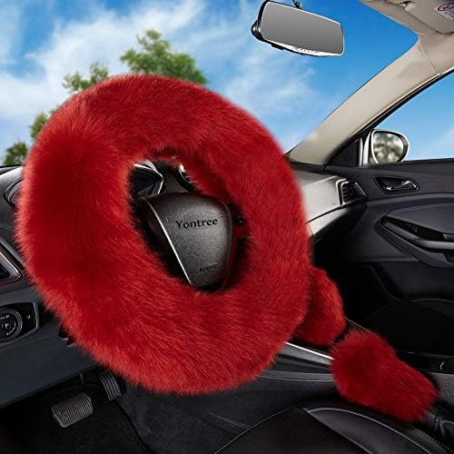 Burgundy Fluffy Genuine Sheepskin Steering Wheel Cover Set by Yontree