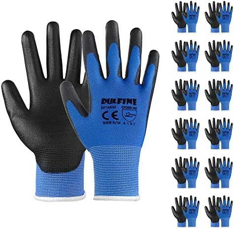 DULFINE Safety Work Gloves for Men & Women 12 Pairs, PU Coated Blue L by DULFINE