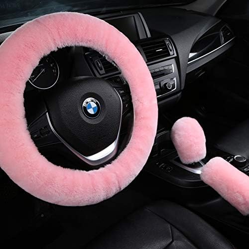 3Pcs/Set Pure Wool Fur Furry Steering Wheel Soft Handbrake Cover Pink by AOGELAN
