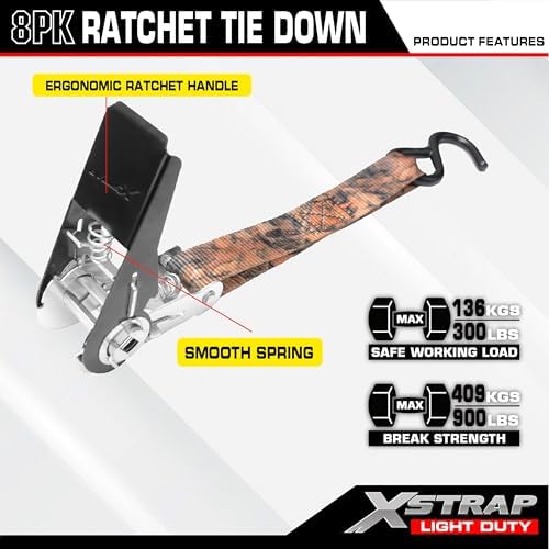 XSTRAP STANDARD 8-Pack Ratchet Tie Down Straps, Camouflage - Image 4