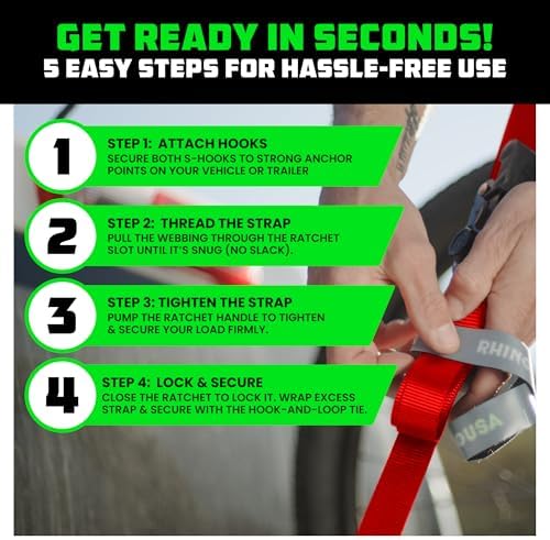 Rhino USA Ratchet Straps Tie Downs - 1in x 15ft - Image 6
