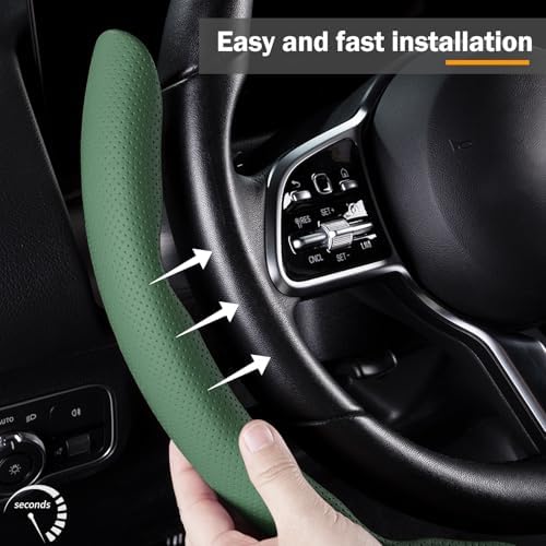 Car Steering Wheel Cover Leather 14.5-15 in Universal 3Pcs Set Green - Image 3