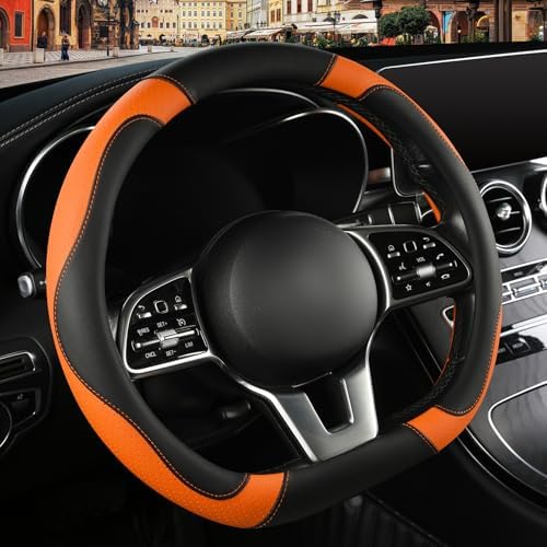 Black Orange Microfiber Leather D Shaped Steering Wheel Cover - Image 2