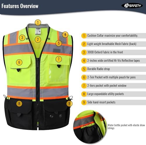 JKSafety Hi-Vis Unisex Surveyor Safety Vest Heavy Duty PPE Inner Pockets - Image 6