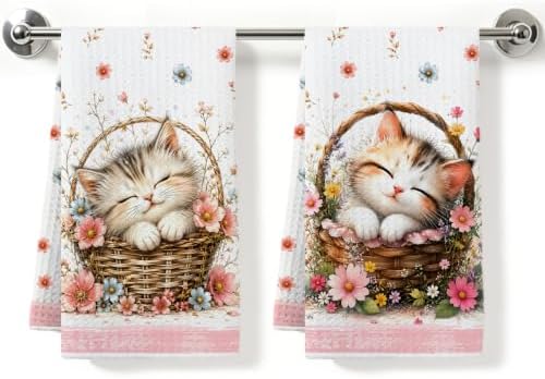2 Pcs Cute Cat Kitchen Towels, Cat Theme Soft Absorbent Hand Tea Towels 03 by ZHAMEN