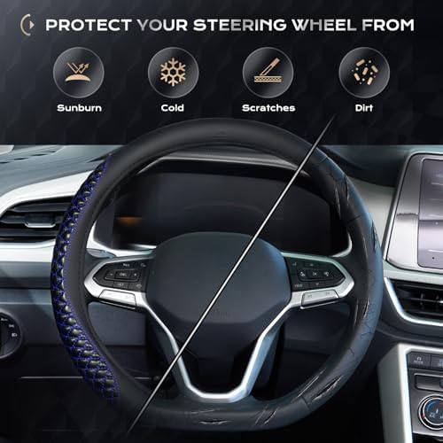 Coverado Car Steering Wheel Cover, Nappa Leather Black & Blueline Steering - Image 6