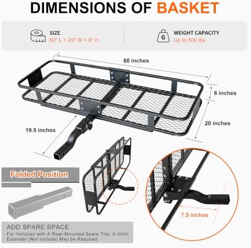 Hitch Mount Folding Trailer Cargo Carrier Basket 60" x 20" x 6" - Image 3