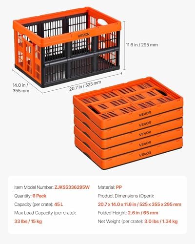 VEVOR Plastic Collapsible Storage Bins, 45L 6 Packs, Stackable Folding Storage - Image 7