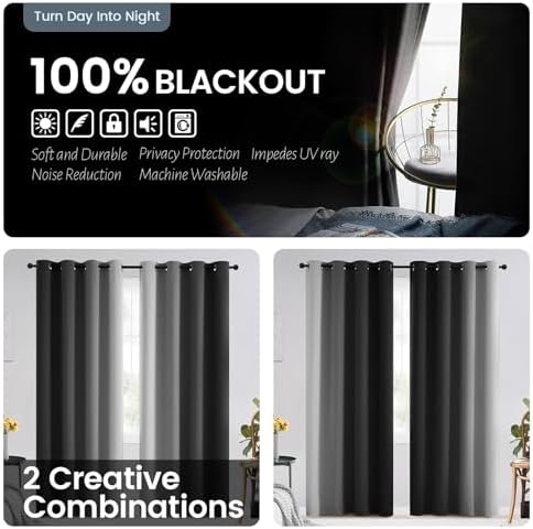 SimpleHome 100% Blackout Ombre Bedroom Curtains Black and Greyish White - Image 3