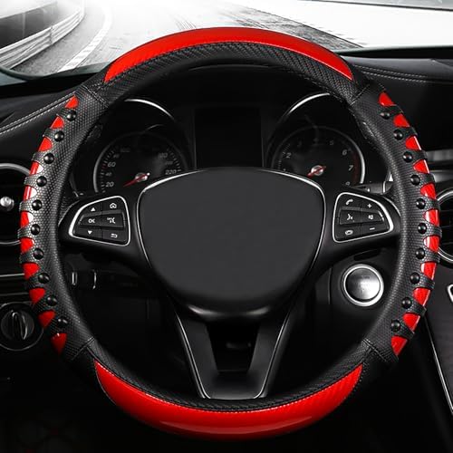 3D Massage Red Carbon Fiber Leather Steering Wheel Cover, 14.5-15 Inch Non-Slip - Image 2