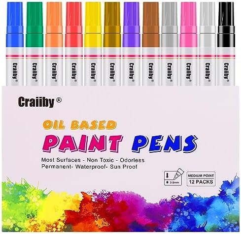 Paint Markers, 12 Pack Oil-Based Waterproof Quick Dry Permanent Paint Pen Set by Craiiby
