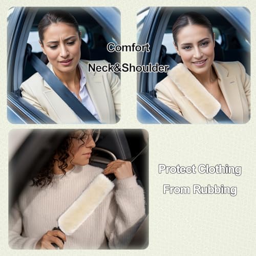 AOGELAN 2 Pack Fluffy Fuzzy Genuine Sheepskin Car Seat Belt Cover, Seatbelt - Image 3