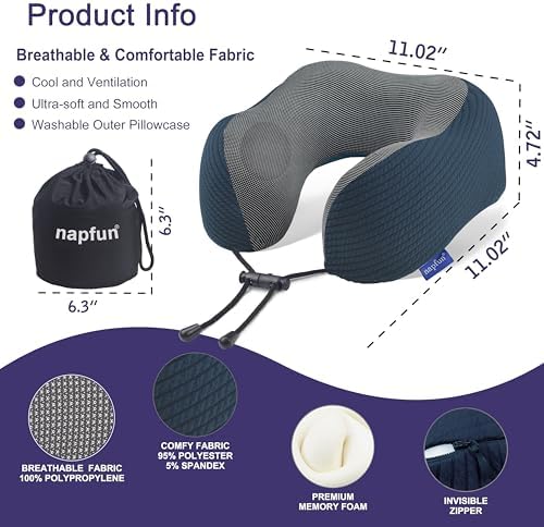 napfun Neck Pillow for Travel, Memory Foam Airplane Pillow, Deep Blue - Image 2