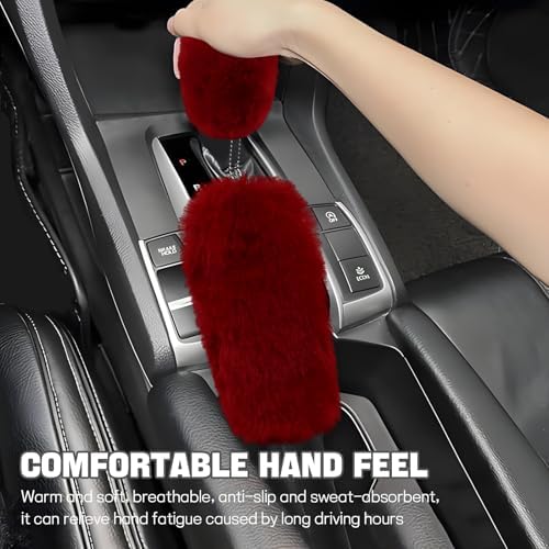 Hovom 2PCS Fluffy Car Gear Shift Knob Cover & Handbrake Cover, Wine Red - Image 4
