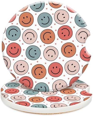 Swooflia Cute Girly Ceramic Car Coasters Smiley Face Cup Holder Coasters by Swooflia