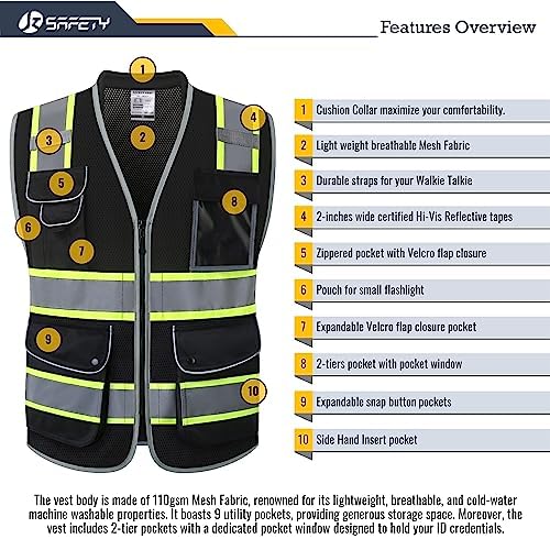 JKSafety Hi Vis Safety Vest for Men Women Cushioned Collar JK101 Black M - Image 4