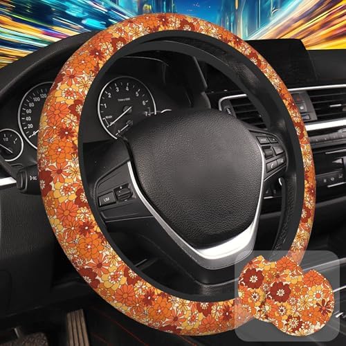 Boho Orange Flowers Steering Wheel Cover by Unknown