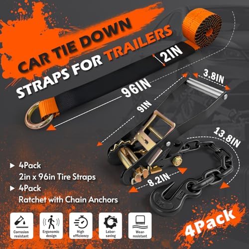 4 Pack Car Tie Down Straps for Trailers, Lasso Wheel Strap 9900LBS Break - Image 2