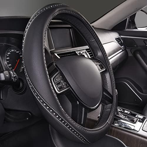 CAR PASS Bling Diamond Black Leather Steering Wheel Cover, Studded Crystal - Image 4