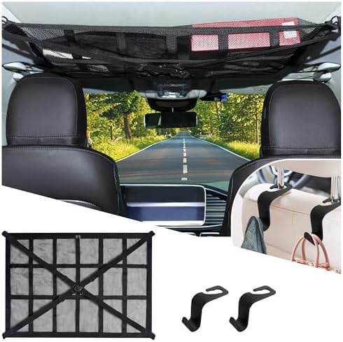 Car Ceiling Cargo Net with 2*Headrest Hook, Large Capacity Anti-Fall Cargo Net by NHHC