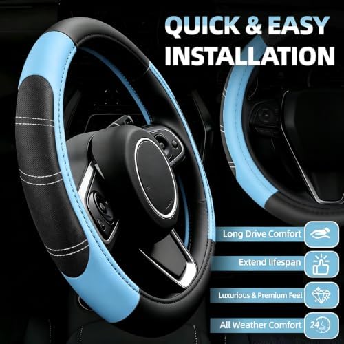 NBTEPEM 6 Pcs Aquamarine Steering Wheel Cover Set, Sport Microfiber Leather - Image 2