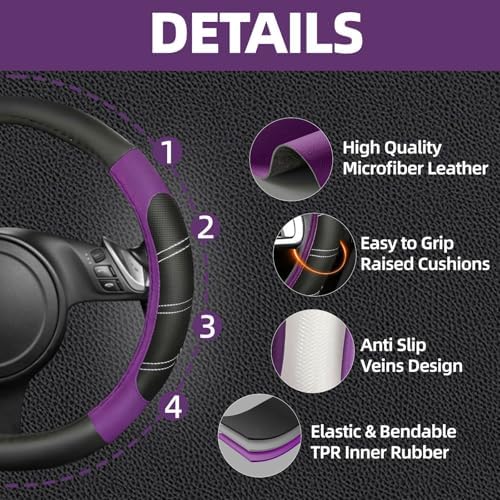 NBTEPEM 10 Pcs Purple Car Floor Mats Full Set & Sport Leather Purple Steering - Image 2
