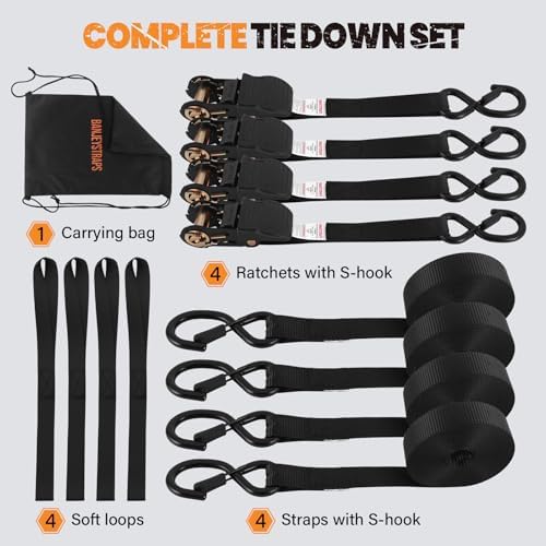 1" x12FT Black Ratchet Straps for Truck & Cargo - Image 5