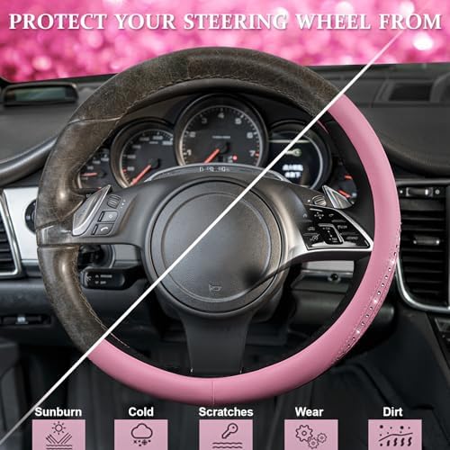 CAR PASS Bling Diamond Pink Leather Steering Wheel Cover, Studded Shining - Image 5