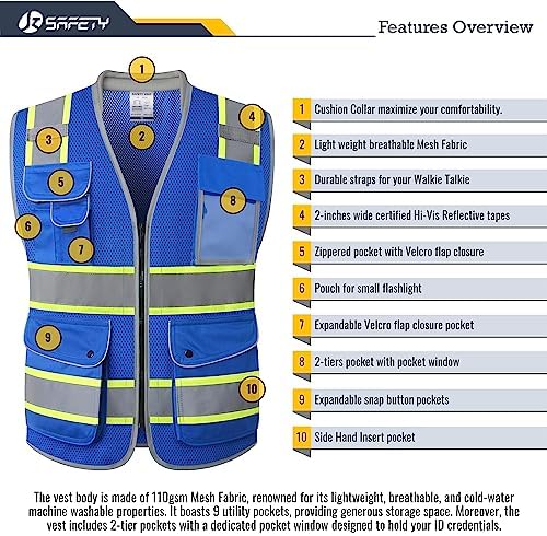 JKSafety Hi Vis Safety Vest for Men Women Cushioned Collar JK101 Blue 2XL - Image 4