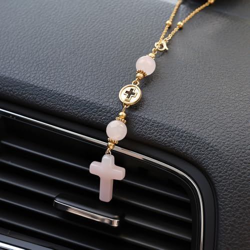 Rose Quartz Cross Rear View Mirror Hanging Ornament Gift Set - Image 4