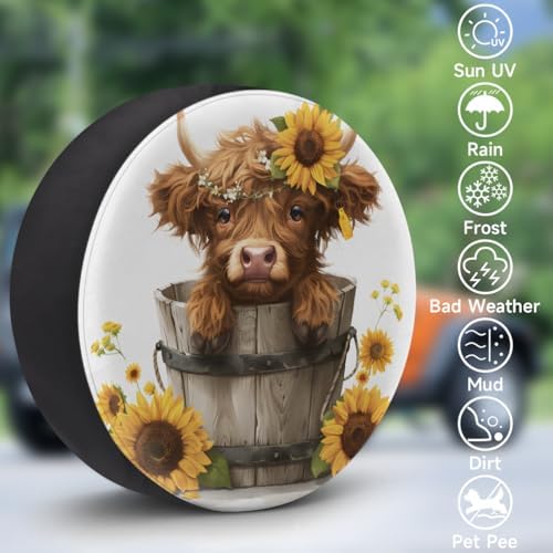 Spare Tire Cover for RV Trailer, Cute Highland Cow Sunflowers Waterproof Sun - Image 3