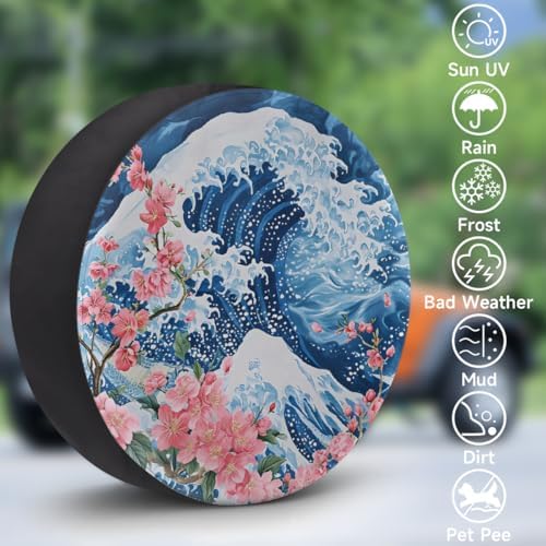 Spare Tire Cover for RV Trailer, Japanese Big Waves Cherry Blossoms Waterproof - Image 3