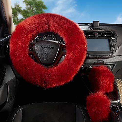Burgundy Fluffy Genuine Sheepskin Steering Wheel Cover Set - Image 3