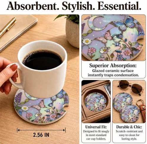 Butterflies Stained Glass Car Coasters, Dreamy Moom Floral Cup Holders - Image 3