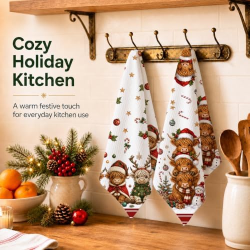 2 Pcs Christmas Kitchen Towels, Highland Cow Soft Absorbent Hand Tea Towels - Image 4