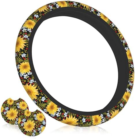 Steering Wheel Cover Sunflower Car Accessories + 2 Pieces Coasters by Unknown
