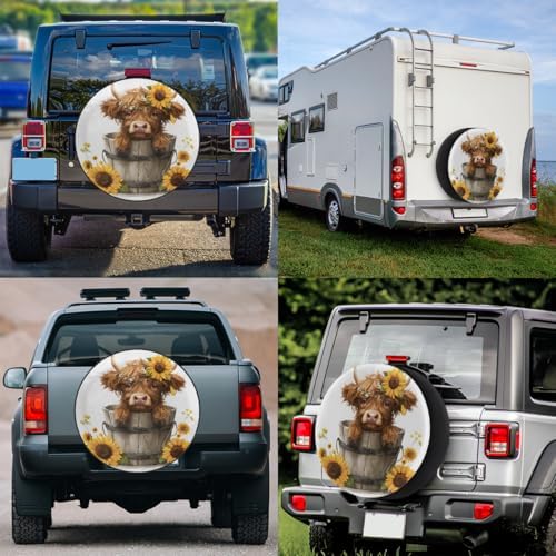 Spare Tire Cover for RV Trailer, Cute Highland Cow Sunflowers Waterproof Sun - Image 6