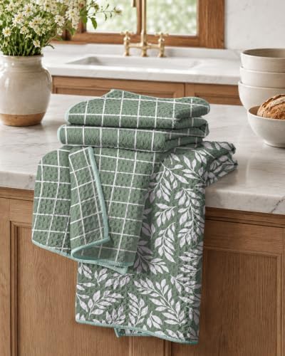 Miss Adola 2pcs Double-Sided Microfiber Kitchen Towels, Grid & Greenery by MissAdola
