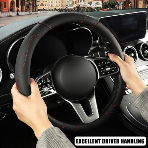 Black Microfiber Leather Steering Wheel Cover 15 inch - Image 5