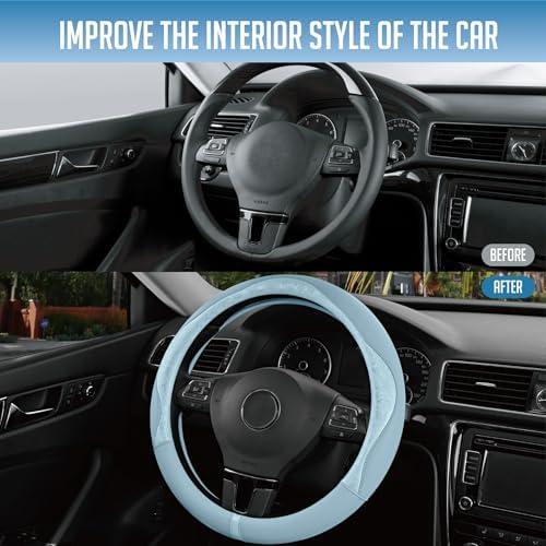 PIC AUTO Steering Wheel Cover, Light Blue Patterned Leather Patchwork Design - Image 6