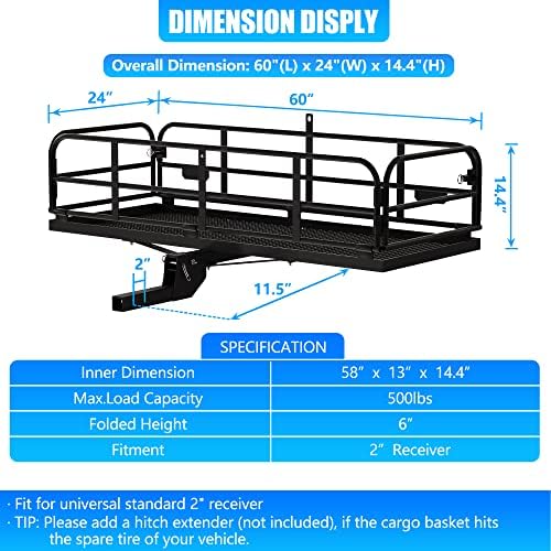 KAIRAY 500 Lbs Heavy Duty Hitch Mount Cargo Carrier 60"x24"x14.4" Folding Rear - Image 2
