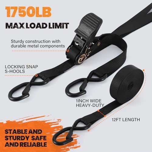 1" x12FT Black Ratchet Straps for Truck & Cargo - Image 2