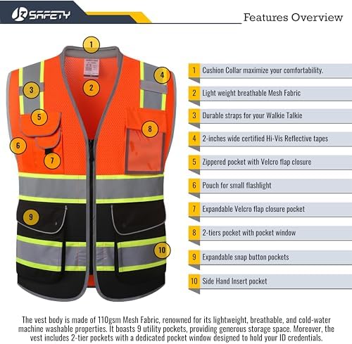 JKSafety Hi Vis Safety Vest for Men Women Cushioned Collar JK101 OBlack XL - Image 4