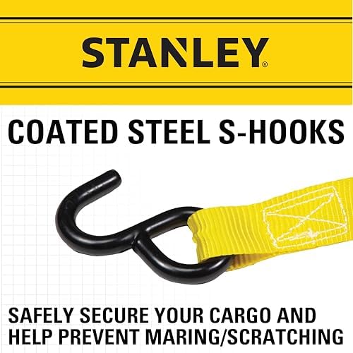 STANLEY S10002 Black/Yellow 1" x 10' Ratchet Tie Down Straps - 500 lb Safe - Image 4