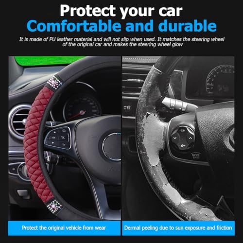 Osilly 15 Inch Rhinestone Leather Steering Wheel Cover, Wine Red - Image 3
