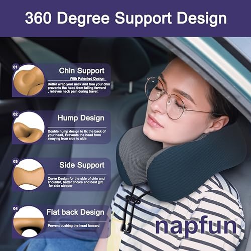napfun Neck Pillow for Travel, Memory Foam Airplane Pillow, Deep Blue - Image 3