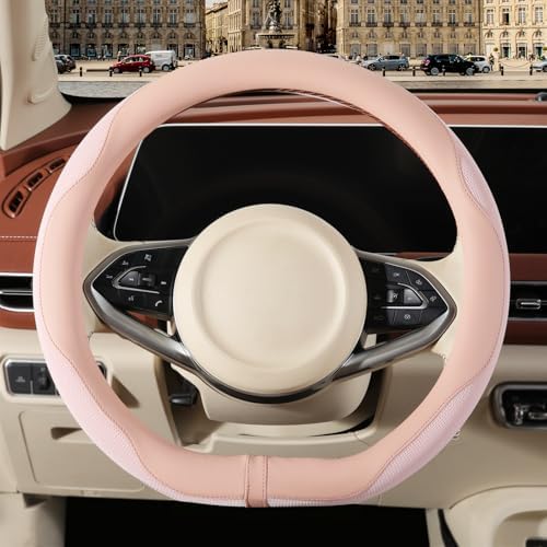 Nappa Leather Pink D Shaped Steering Wheel Cover Women 15 inch by Binsheo